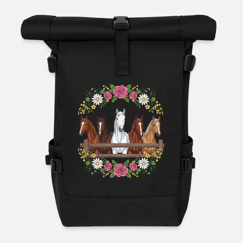 Equestrian Floral Crest - Roll Top Backpack - black