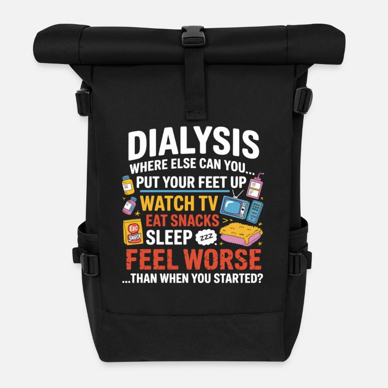 Dialyse Alltag: Füße Hoch TV Snacks - Rolltop Rucksack - Schwarz