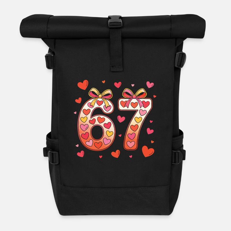 67 Birthday Hearts Bow Design - Roll Top Backpack - black