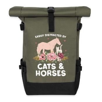 Cats & horses in flower arrangements - Roll Top Backpack - olive/black - Front