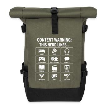 Content Warning – Nerd Culture Hobby Guide - Rolltop Rucksack - Olive/Schwarz - Vorne