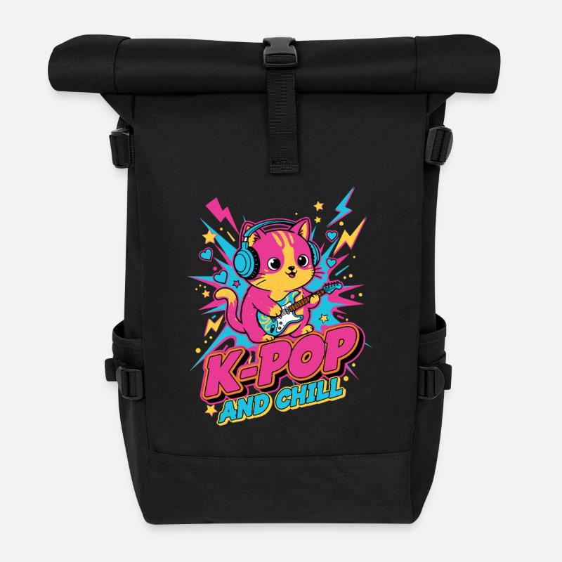 Süße K-Pop-Katze K-POP AND CHILL Koreanische Musik-Anime - Rolltop Rucksack - Schwarz