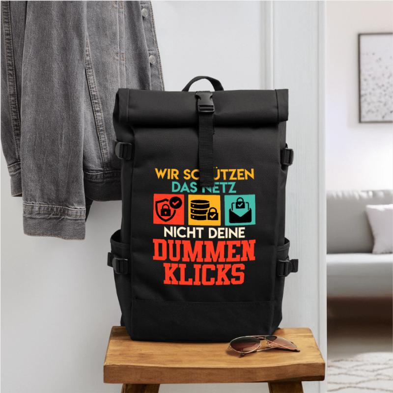Coder WE DON'T USE THE NET YOUR STUPID CLICKS Roll Top Backpack