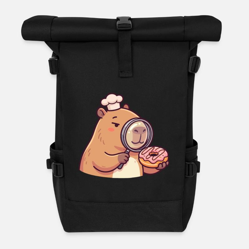 Capybara with Donut Funny Inspector Animal Motif - Roll Top Backpack - black