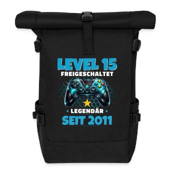 15. Geburtstag Gamer Shirt Level 15 freigeschaltet - Rolltop Rucksack - Schwarz - Vorne