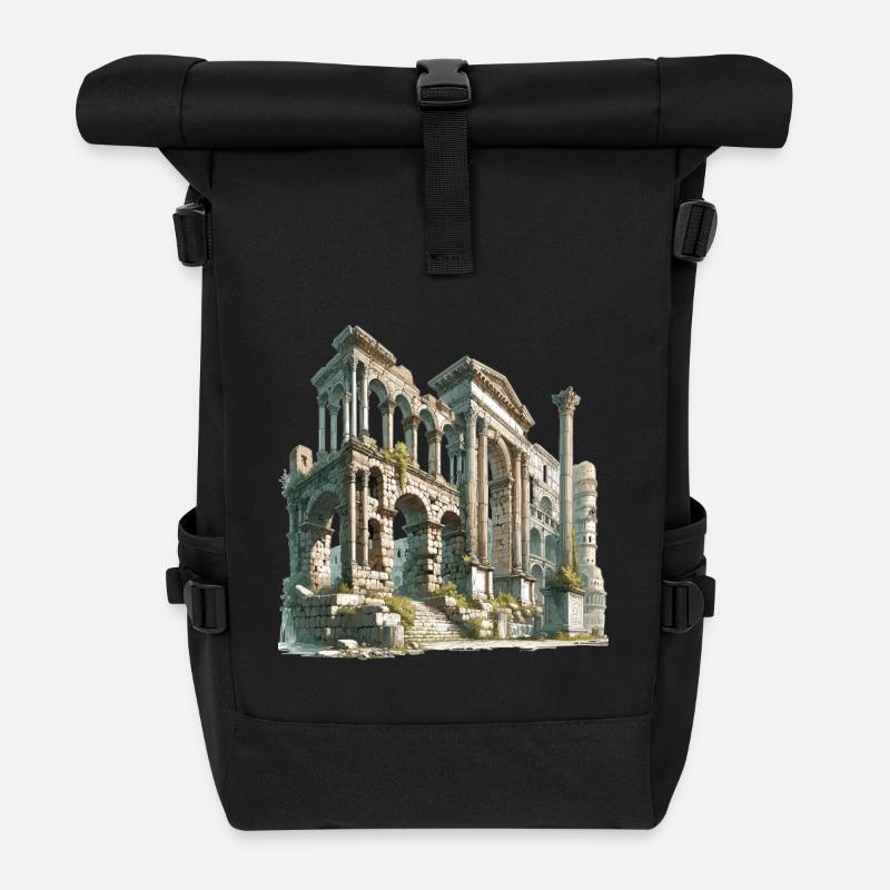 Ancient Ruins Architecture Illustration - Roll Top Backpack - black