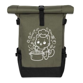 Kawaii Cat Chef Cooking - Roll Top Backpack - olive/black - Front