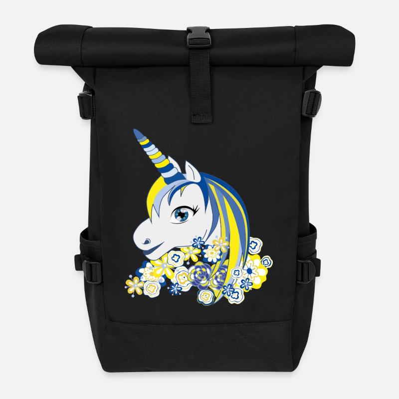 Unicorn Blue Yellow Floral Fantasy - Roll Top Backpack - black