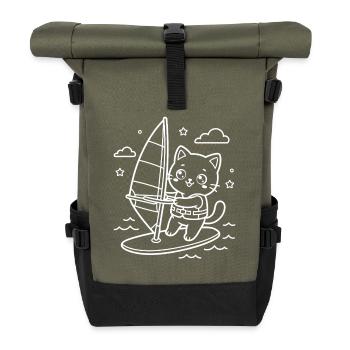 Kawaii Cat Windsurfing - Roll Top Backpack - olive/black - Front
