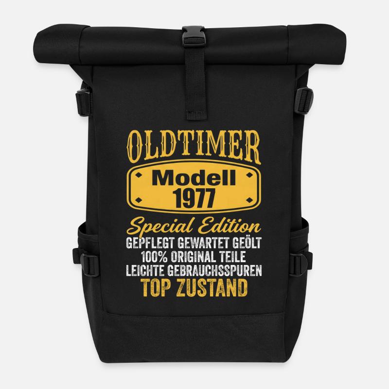 49. Geburtstag Oldtimer Modell 1977 - Rolltop Rucksack - Schwarz