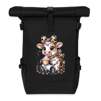  Süße Kaffeekuh mit Cappuccino und Kaffeebohnen - Rolltop Rucksack - Schwarz - Vorne