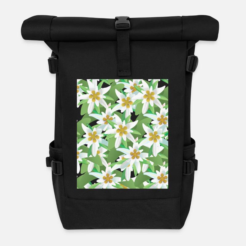 Edelweiss Women's Alpine Flower Mountains Floral Motif Alps - Roll Top Backpack - black