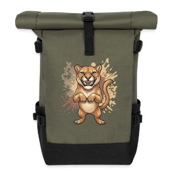 Wütende Wildkatze Cartoon Druck - Rolltop Rucksack - Olive/Schwarz - Vorne