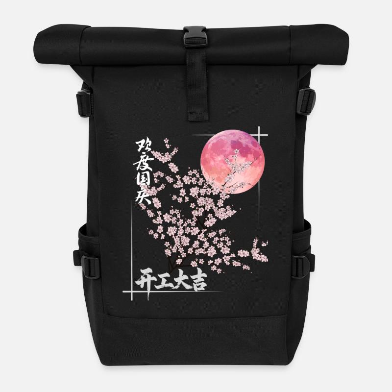 Sakura Mond mit Kirschblüten Glückssymbol - Rolltop Rucksack - Schwarz