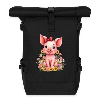 Süßes Schwein mit Schleife und Blumen Ferkel - Rolltop Rucksack - Schwarz - Vorne