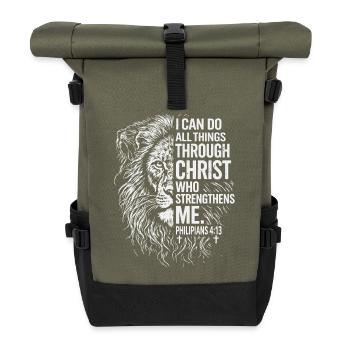 Löwenstärke durch Christus – Philipper 4:13 - Rolltop Rucksack - Olive/Schwarz - Vorne