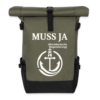 MUSS JA Norddeutscher Humor Spruch lustig - Rolltop Rucksack - Olive/Schwarz - Vorne