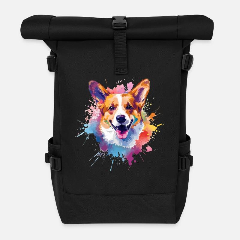 Colorful Splash Art Pembroke Welsh Corgi Dog - Roll Top Backpack - black