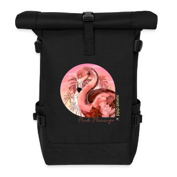 Pink flamingo illustration in the circle of the sunset - Roll Top Backpack - black - Front