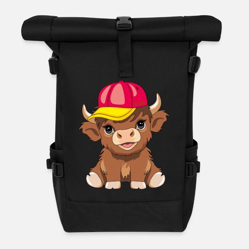 Süßes Highland-Kalb mit Baseballkappe - Rolltop Rucksack - Schwarz