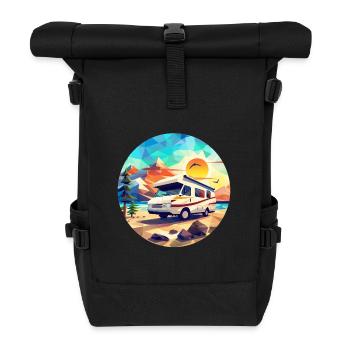 Retro Camping Design – Tente et camping-car low poly - Sac à dos roll top - noir - Devant
