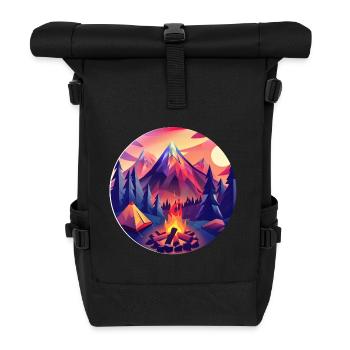 Retro Camping Design – Tente Low Poly et feu de camp - Sac à dos roll top - noir - Devant