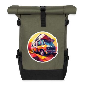 Retro Camping Design – Low Poly Tent & Camper - Roll Top Backpack - olive/black - Front
