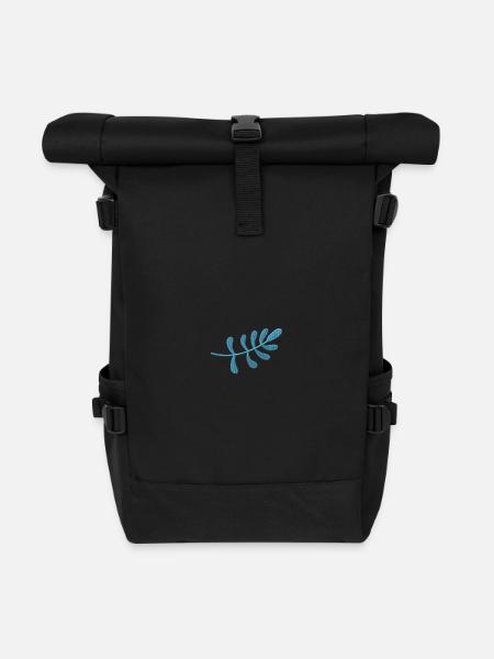 Light blue leaf embroidered - Roll Top Backpack - black