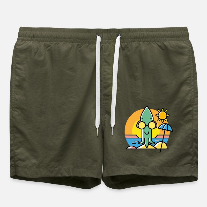 Squid with sunglasses on the beach - Swim Trunks - olive