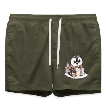 Pingouin mignon avec cadeau pour Noël - Short de bain - vert olive - Devant