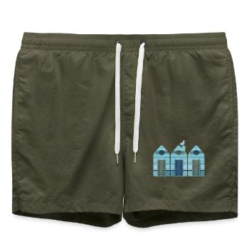 Strandhaus drei Strand Meer Holz Deko Möwe 3 - Badeshorts - Olive - Vorne - AI Model Male 185 light (185cm)