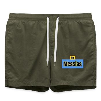 Der Messias-Typografie-Blau - Badeshorts - Olive - Vorne - AI Model Male 185 light (185cm)