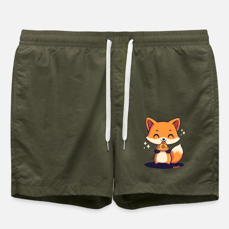 Cute kawaii fox with pizza - Swim Trunks - olive