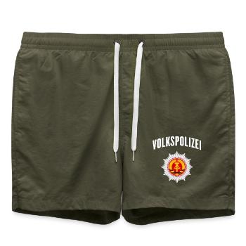 Volkspolizei Schriftzug mit Polizeistern - Badeshorts - Olive - Vorne - AI Model Male 185 light (185cm)