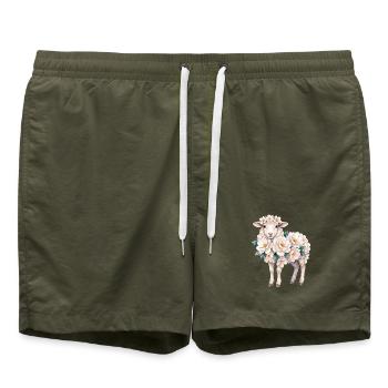 Blumenschaf mit weißen Blüten im Aquarellstil - Badeshorts - Olive - Vorne - AI Model Male 185 light (185cm)