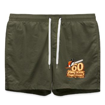 60. Geburtstags-Holzschnitt Chainsaw - Badeshorts - Olive - Vorne - AI Model Male 185 light (185cm)