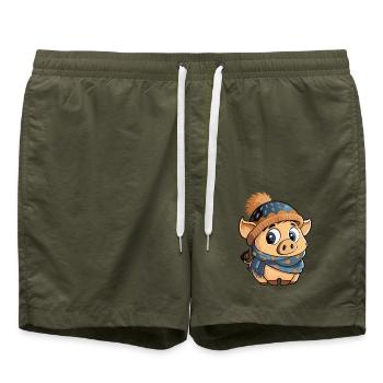 Mignon cochon avec écharpe et chapeau à pompon. - Short de bain - vert olive - Devant