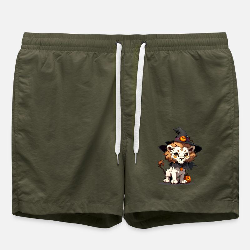 Cute Halloween lion with witch hat. - Swim Trunks - olive