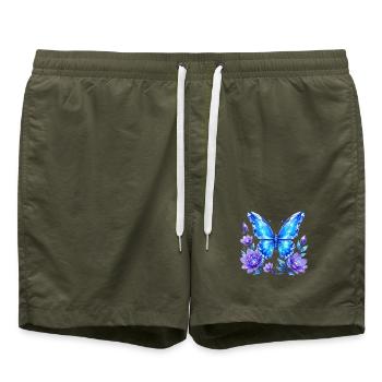 Blauer Kristallschmetterling mit Blumen - Badeshorts - Olive - Vorne - AI Model Male 185 light (185cm)