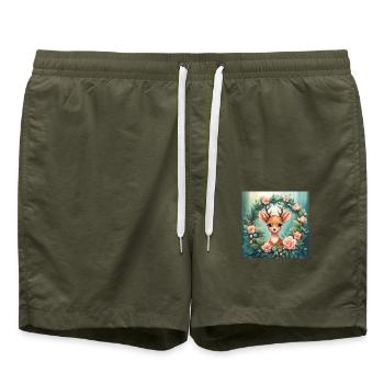 Cute Kawaii Baby Deer Floral - Swim Trunks - olive - Front