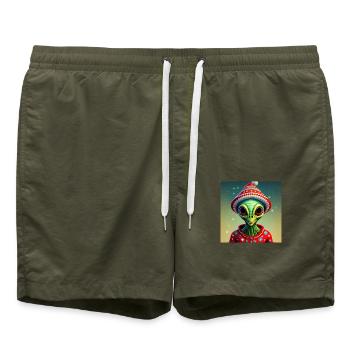 green alien wearing an ugly Christmas sweater - Swim Trunks - olive - Front