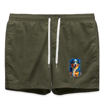 Colorful Australian Shepherd Dog Watercolor - Swim Trunks - olive - Front