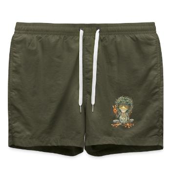 Watercolor Design: Hippie Frog with Peace Sign - Swim Trunks - olive - Front - AI Model Male 185 light (185cm)