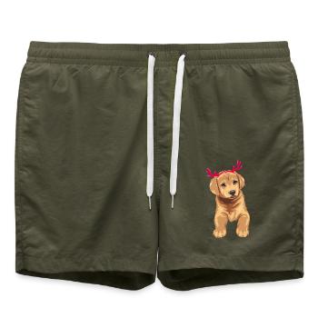 Cute Retriever puppy dog with Christmas deer horns - Swim Trunks - olive - Front