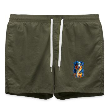 Bunte Australian Shepherd Hund Aquarell - Badeshorts - Olive - Vorne - AI Model Male 185 light (185cm)
