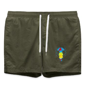 Kind mit Regenschirm im Regen - Badeshorts - Olive - Vorne - AI Model Male 185 light (185cm)