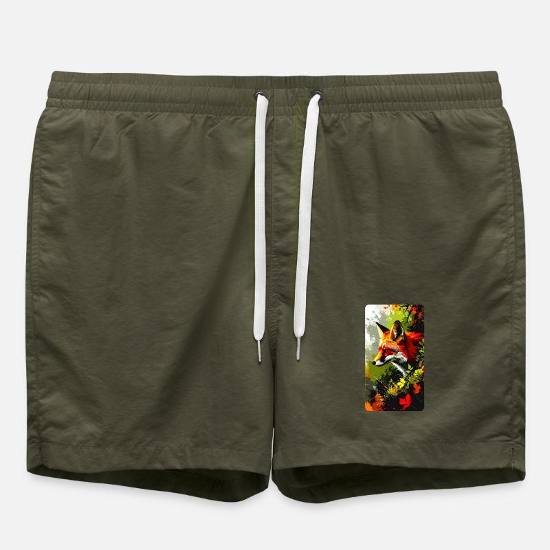 Fuchs im Wald im Herbstlaub (Blick nach Links) - Badeshorts - Olive