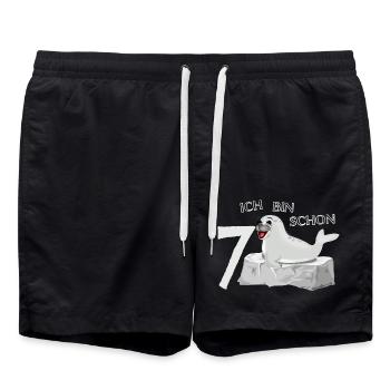Lachende Robbe auf Fels - 7. Geburtstag - Badeshorts - Schwarz - Vorne - AI Model Male 185 light (185cm)