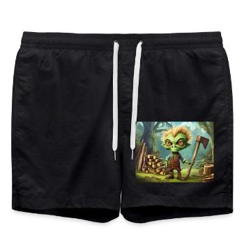 cute little green retro alien is woodcutting - Swim Trunks - black - Front - AI Model Male 185 light (185cm)