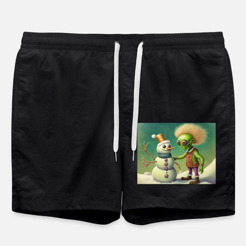 alien is building a snowman - Swim Trunks - black